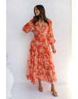 Eloise | Dames Bloemenprint V-Hals Midi Jurk met Lange Mouwen