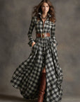 Retro Etnische Maxi Jurk met Kraag en Roodbruin Ruitpatroon