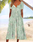 Lagoon | Dames Bladprint V-Hals Korte Mouw Wijde Pijpen Jumpsuit