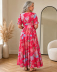 Minelda - Elegante Bloemen V-hals Jurk met Zakken — back view