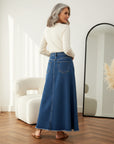 Denim Patchwork Maxi Rok met Wijd Uitlopende Pasvorm — back view