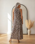 Lang Vloeiend Leopard Jurk - Beige Zwart Bruin — back view
