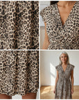 Luchtig Leopard Jurk met Korte Mouwen - Beige Bruin Zwart — details