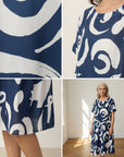 Linnen Midi Jurk met Abstract Print en Geplooide Taille — details