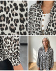 Korte Oversize Mousseline Blouse Leopard Print Crème-Beige — details