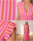 Leonora Mousseline Jurk - Strepen/Roze/Oranje — details