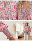 Sienna | Dames Bloemrijke Boho Blouse V-Hals Pofmouw Top — details