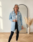 Lange Jeansjacke met Used Details - Lichtblauw — front view
