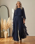 Elegant Chiffon Tweedelig Set met Ruches - Marineblauw — front view