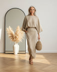 Katoenen Linnen Tweedelige Set met Lange Rok — front view