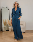 Elegante Donkerblauwe Blouse & Lange Rok Set — front view