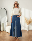 Denim Patchwork Maxi Rok met Wijd Uitlopende Pasvorm — front view