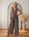 Elegante Plissé Jumpsuit met Luipaardprint - Crème, Bruin, Zwart — front view