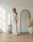 Ivoor Linnen Maxi Jurk Off-Shoulder — front view