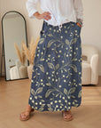 Retro Bloemenprint Rok met Elastische Tailleband en Zakken — Blauw