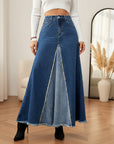 Denim Patchwork Maxi Rok met Wijd Uitlopende Pasvorm — Blauw