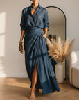 Elegante Donkerblauwe Blouse & Lange Rok Set — Donkerblauw