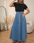 Hoge Taille Denim Rok met Riem — Grijsblauw