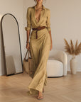 Elegante Maxi Jurk met Ceintuur en Revers voor Dames — Khaki