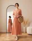Kathy™ | Geborduurd Midi Jurk met Patroon — Oranje