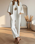 Aria | Dames Jumpsuit met Korte Mouwen en Wijde Pijpen — Wit
