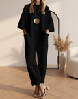 Aria | Dames Jumpsuit met Korte Mouwen en Wijde Pijpen — Zwart