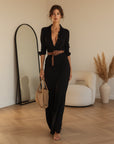 Elegante Maxi Jurk met Ceintuur en Revers voor Dames — Zwart
