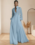 Patchwork Linnen Maxi Jurk met Staande Kraag — Blauw