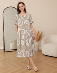 Linnen Midi Jurk met Abstract Print en Geplooide Taille — Haver Mozaïek