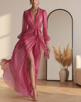 Roze Chiffon Jurk met V-Hals en Parelbezetting — Roze