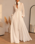 Patchwork Linnen Maxi Jurk met Staande Kraag — Wit