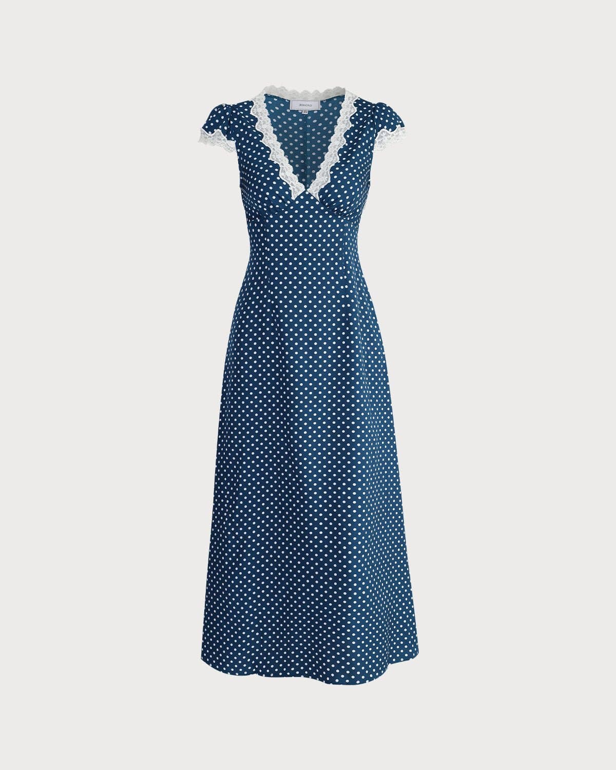 De Donkerblauwe V-Hals Polkadot Kant Geplooid Maxi Jurk