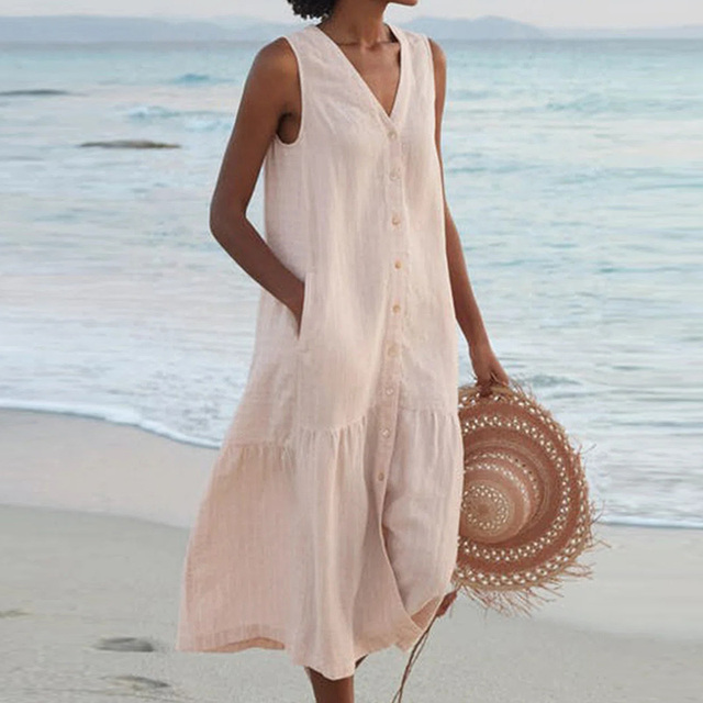 Barbara™ - Mouwloze Midi-jurk met Knoopsluiting