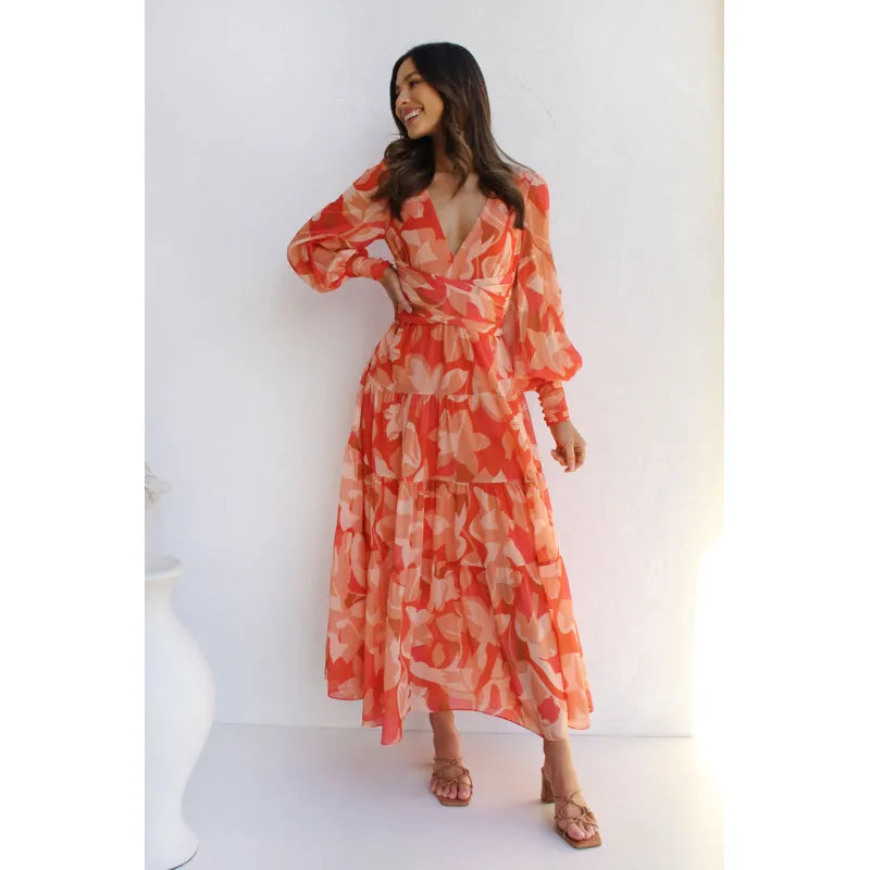 Eloise | Dames Bloemenprint V-Hals Midi Jurk met Lange Mouwen
