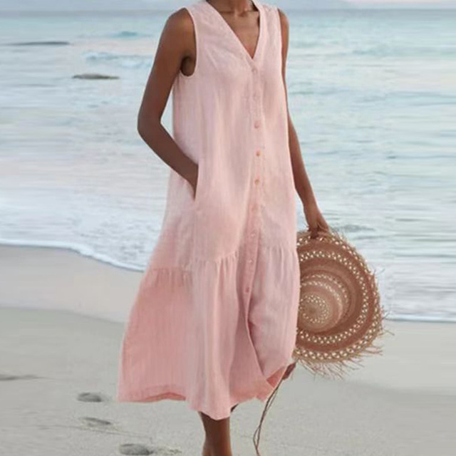 Barbara™ - Mouwloze Midi-jurk met Knoopsluiting