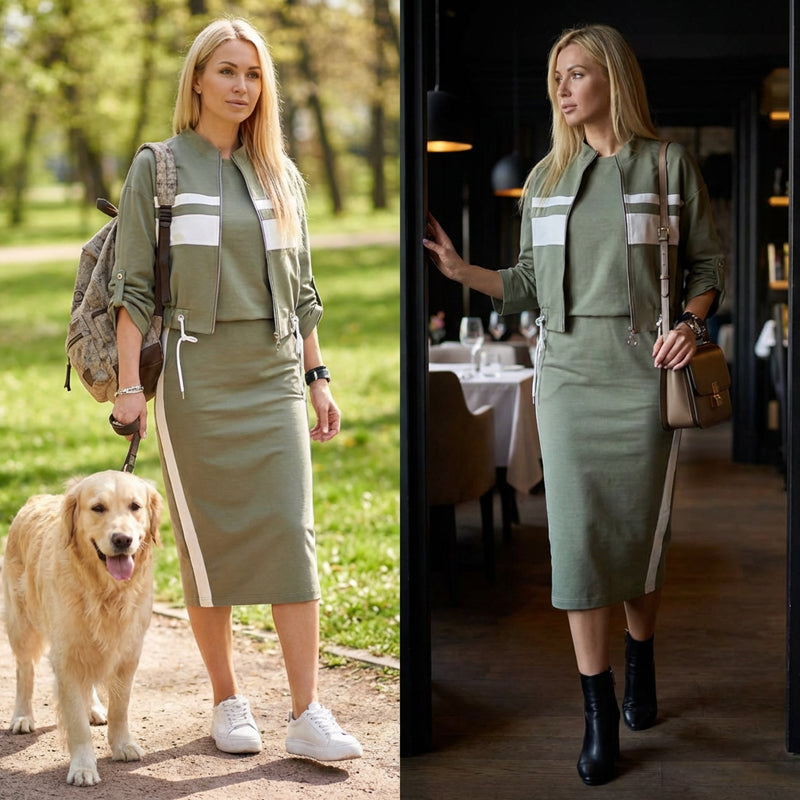 Alix™ Sport-Chique Ensemble – 3/4 Bomber &amp; Midi Rok