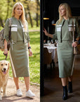 Alix™ Sport-Chique Ensemble – 3/4 Bomber & Midi Rok