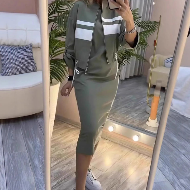 Alix™ Sport-Chique Ensemble – 3/4 Bomber &amp; Midi Rok