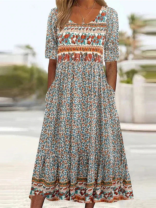 Janine™ | Jurk met Bohemian Print en Ronde Halslijn