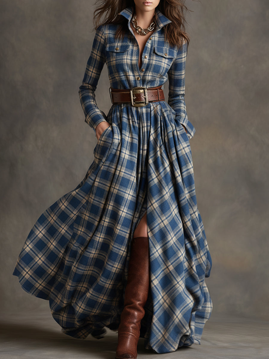 Retro Etnische Maxi Jurk met Kraag en Roodbruin Ruitpatroon
