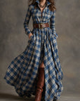 Retro Etnische Maxi Jurk met Kraag en Roodbruin Ruitpatroon