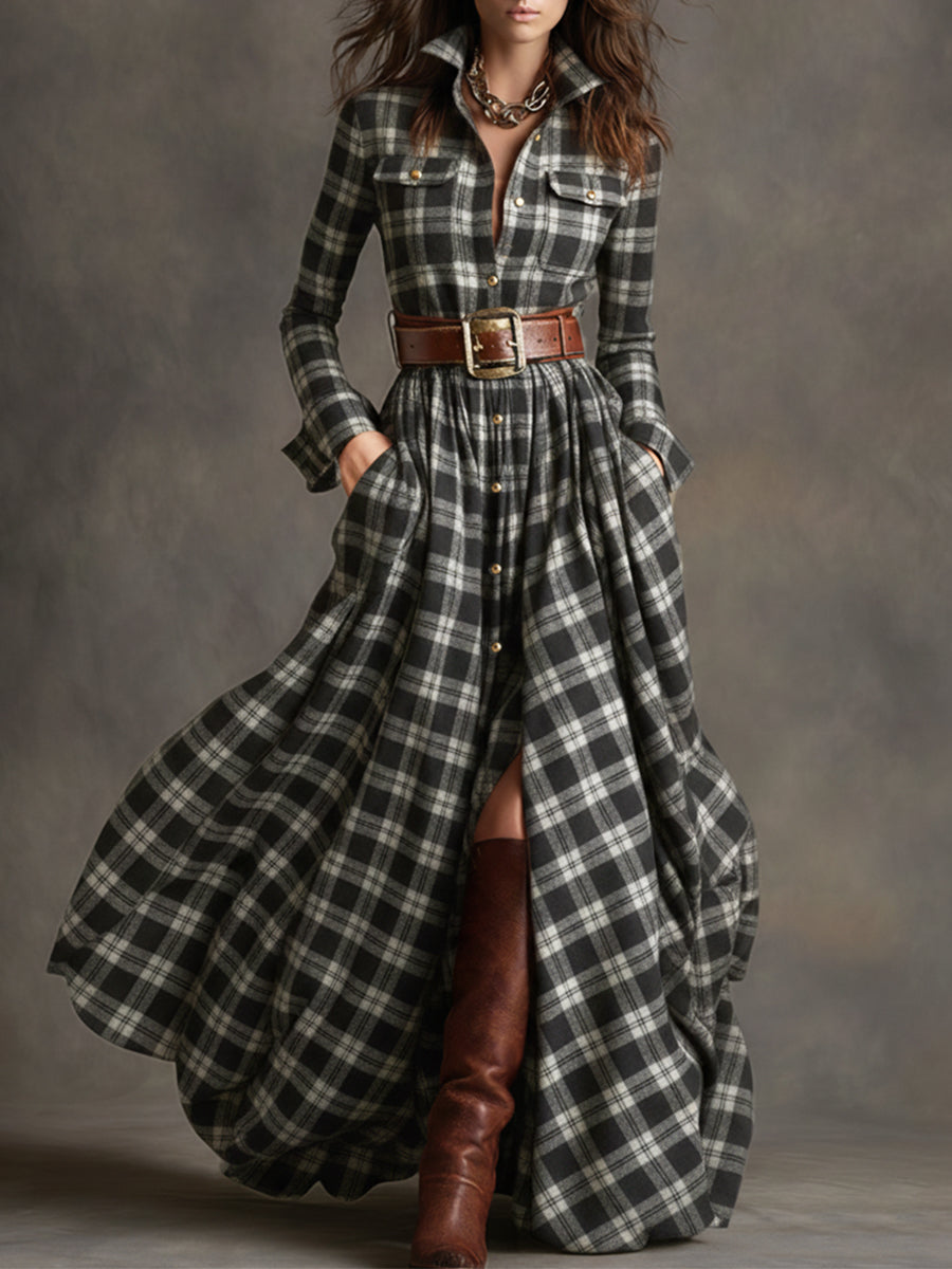 Retro Etnische Maxi Jurk met Kraag en Roodbruin Ruitpatroon