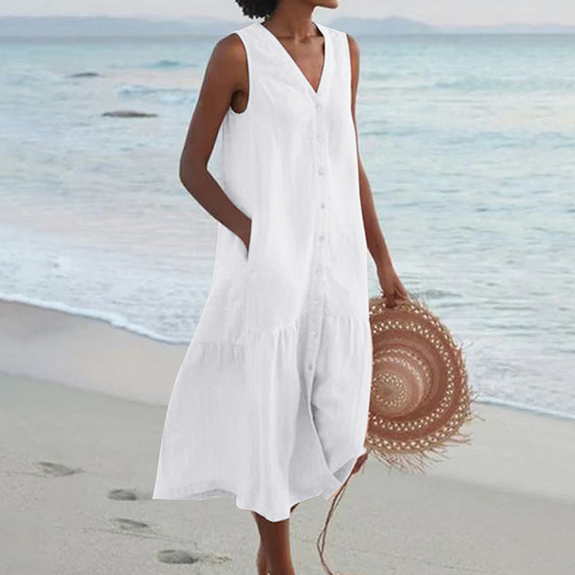Barbara™ - Mouwloze Midi-jurk met Knoopsluiting