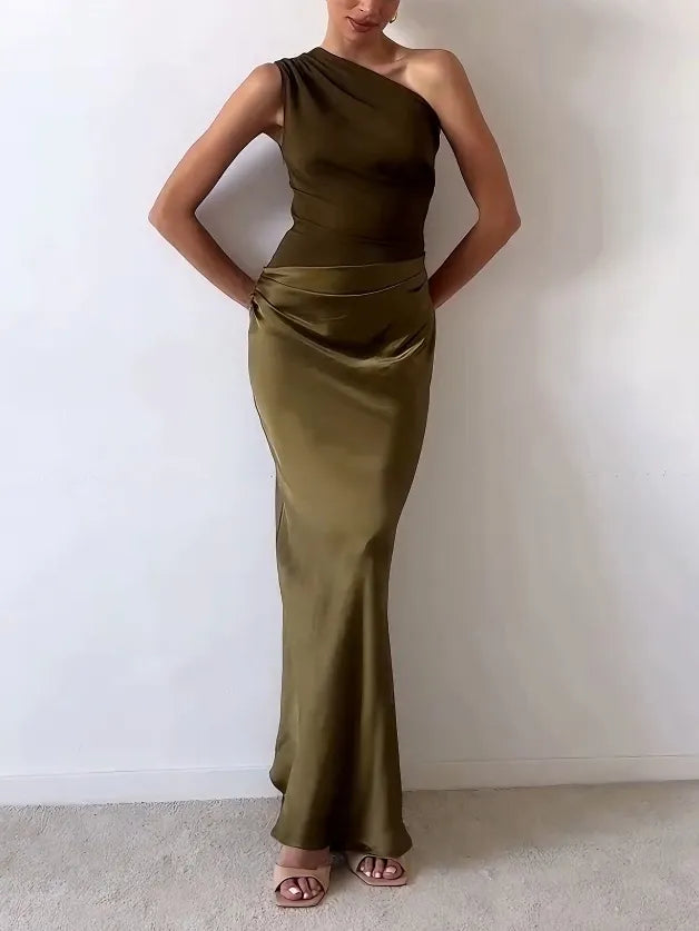 Anita™ - Elegante Geplooide Maxi Feestjurk met Eén Schouder