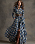 Retro Etnische Maxi Jurk met Kraag en Roodbruin Ruitpatroon
