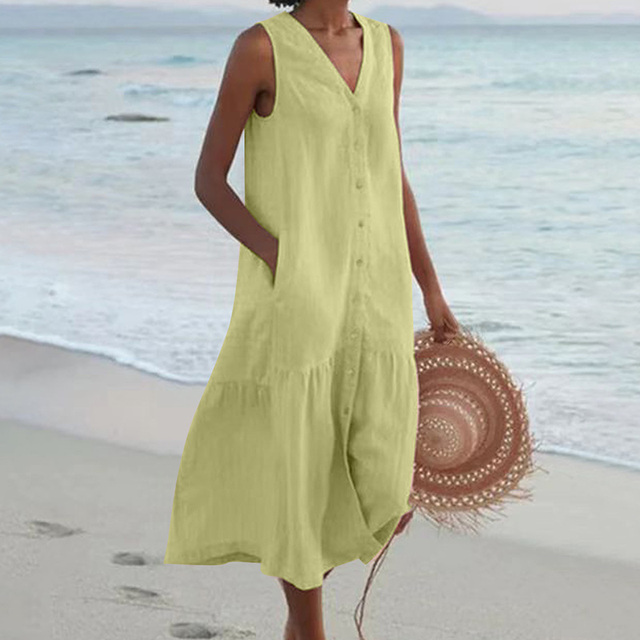 Barbara™ - Mouwloze Midi-jurk met Knoopsluiting