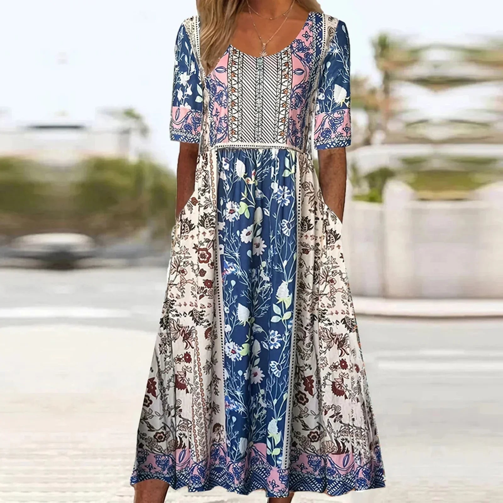 Janine™ | Jurk met Bohemian Print en Ronde Halslijn