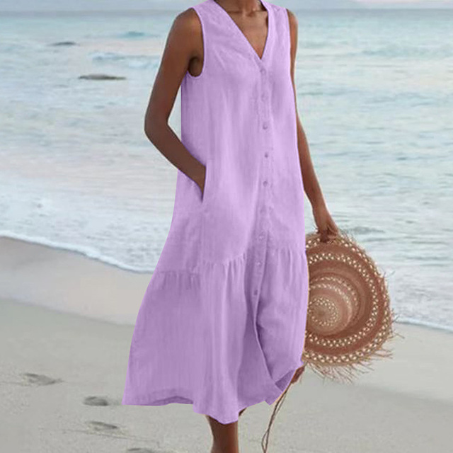 Barbara™ - Mouwloze Midi-jurk met Knoopsluiting