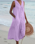 Barbara™ - Mouwloze Midi-jurk met Knoopsluiting