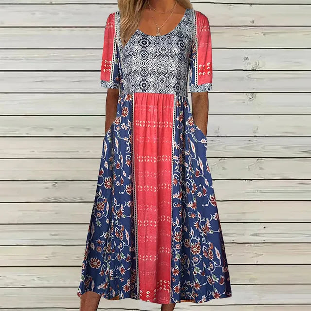 Janine™ | Jurk met Bohemian Print en Ronde Halslijn